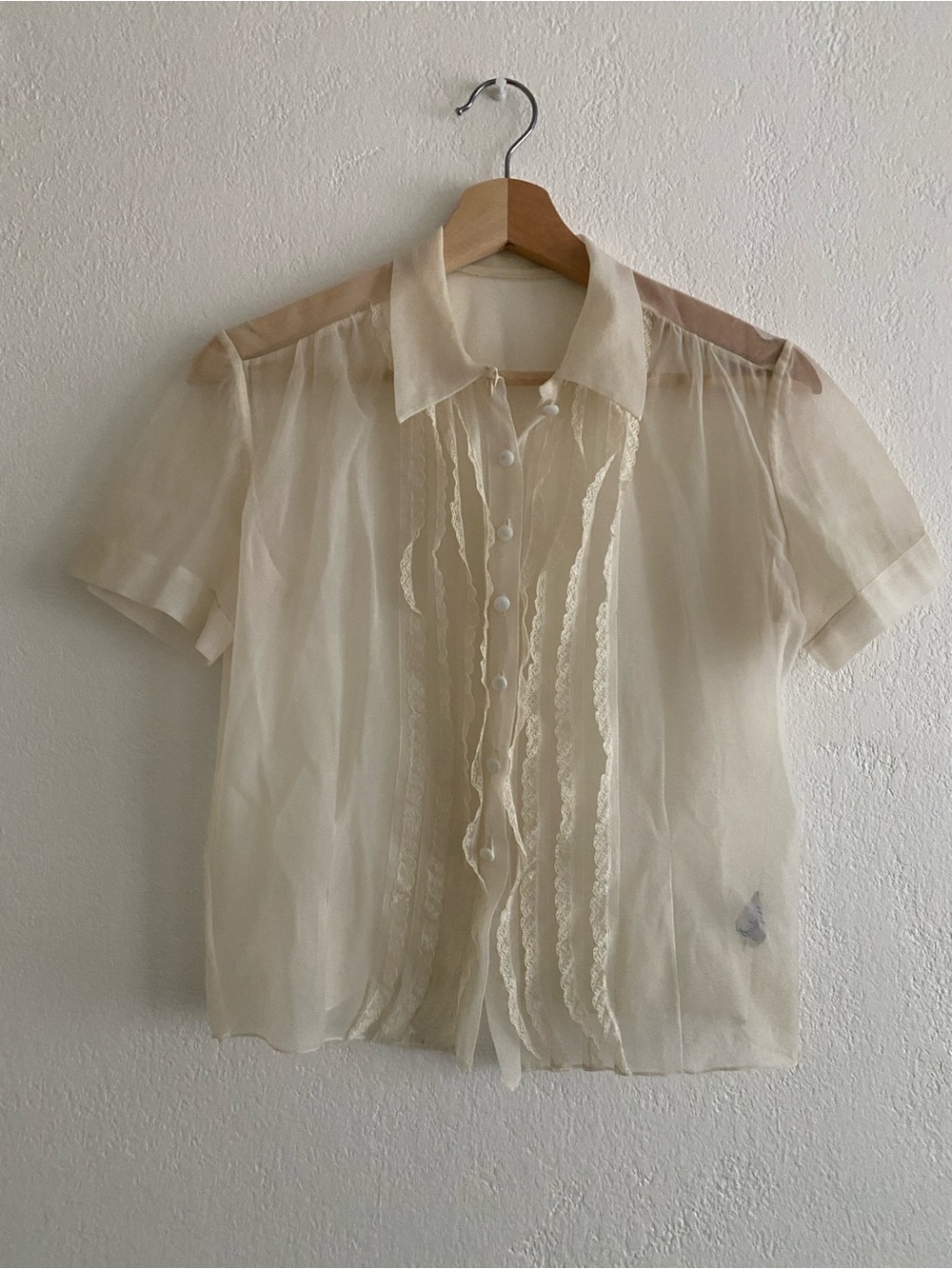 Vintage Sheer Cream Short-Sleeve Button-Up Shirt